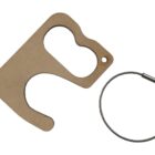 A brown touch tool with a hook and a finger hole next to a small loop of metal wire with a fastener, on a white background.
