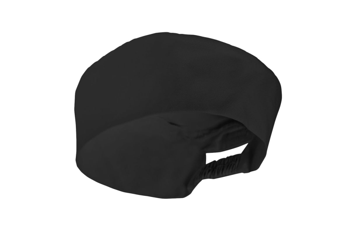 A black Leith Chefs Caps hat with elastic back shown on a white background.