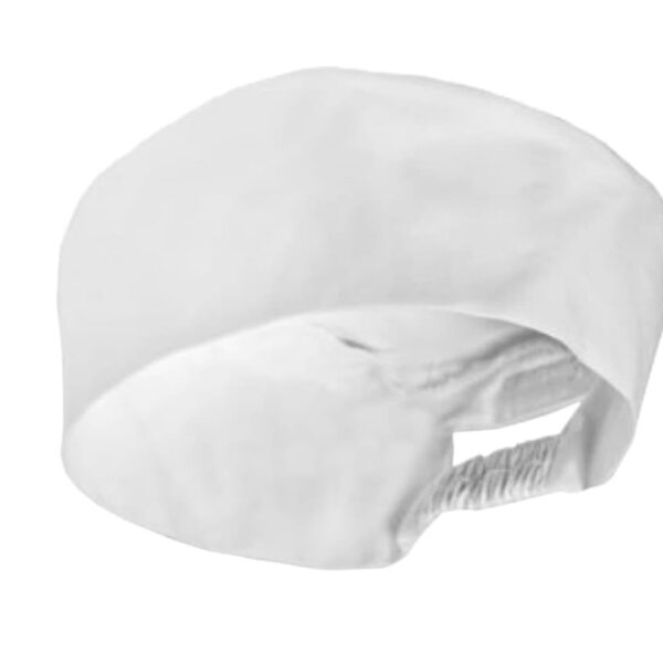 A white Leith Chefs Cap with an elastic back.