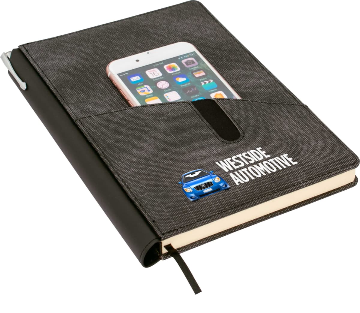 A black notebook with a pen attached and a front pocket containing a smartphone. The notebook is labeled Westside Automotive with a graphic of a blue car.