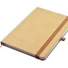 A closed, brown hardcover journal with an elastic band wrapped around it. A ribbon bookmark is visible, protruding from the bottom. The journal has a clean, minimalist design.