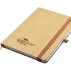 A brown notebook with a matching elastic band and ribbon bookmark. The cover features the logo autocorner with a car silhouette.