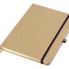 A closed beige notebook with a black elastic band and a beige ribbon bookmark. The cover is plain, and there is a small loop on the side. The notebook is placed on a white background.