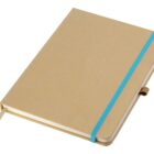 A brown hardcover notebook with a blue elastic band and a matching ribbon bookmark is closed, lying on a white surface.