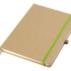 A closed brown notebook with a green elastic band and a ribbon bookmark. The notebook is positioned at an angle against a plain white background.