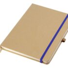 A closed kraft paper notebook with a blue elastic band and a beige ribbon bookmark. The cover is plain and unadorned, giving it a minimalist look.