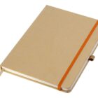 A closed notebook with a brown kraft paper cover, secured by an orange elastic band. A beige ribbon serves as a bookmark, protruding slightly from the bottom edge.