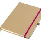 A closed brown notebook with a pink elastic band wrapped around it. A beige ribbon bookmark is visible, extending from the bottom.
