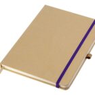 A closed beige notebook with a purple elastic band and a brown ribbon bookmark attached, lying on a white background.