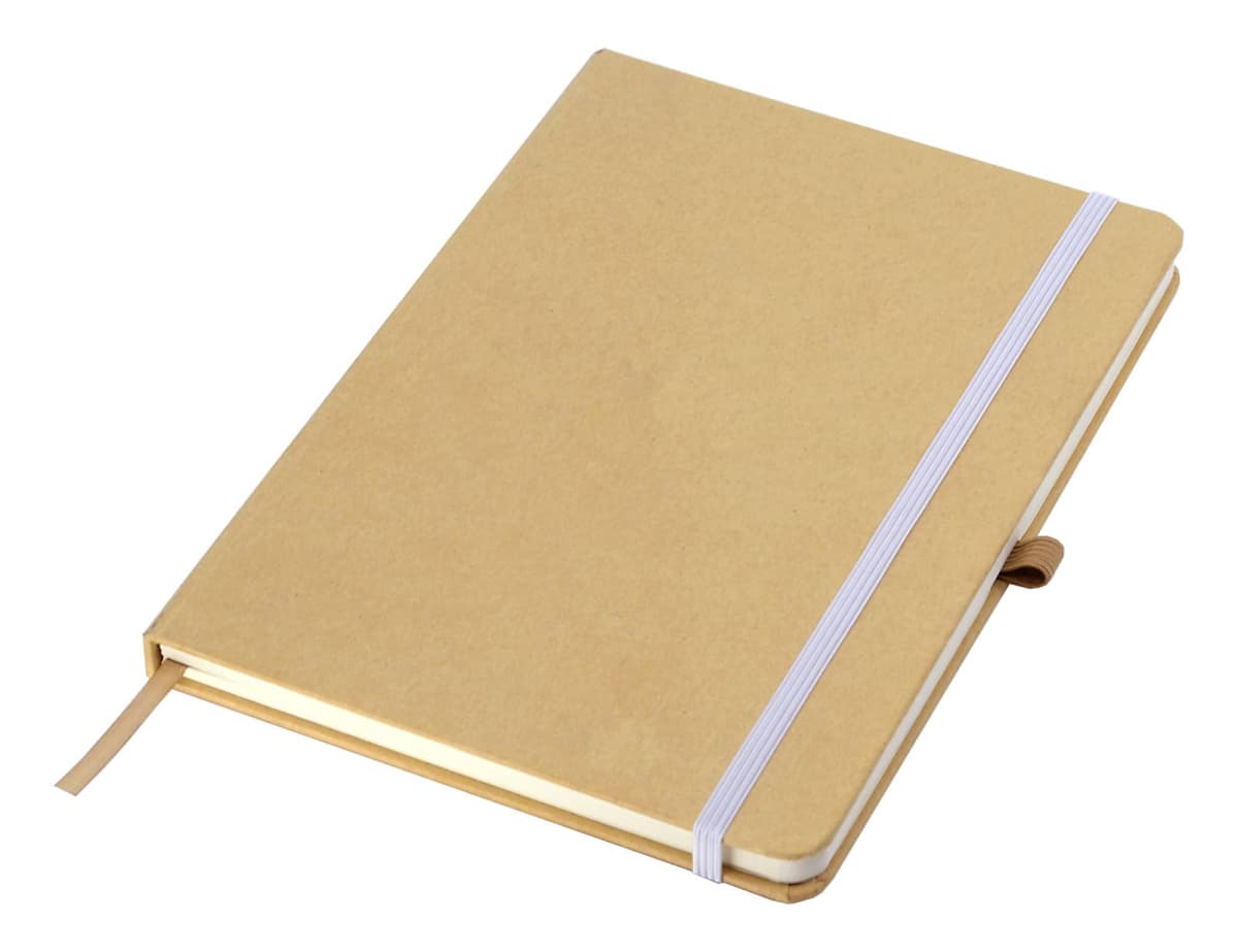 A closed tan notebook with a white elastic band and a ribbon bookmark, placed on a white surface. The notebook has rounded corners and a simple, minimalist design.