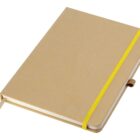 A brown notebook with a yellow elastic band wrapped around it. The notebook is closed, and a ribbon bookmark protrudes from its bottom edge.