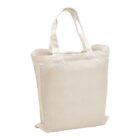 A plain, off-white canvas tote bag with two handles, standing upright against a white background.