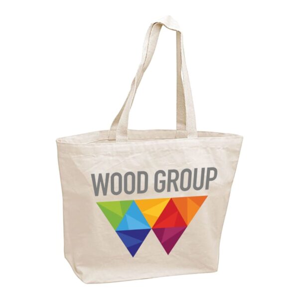 A beige tote bag with long handles featuring the words WOOD GROUP above a colorful geometric triangle design on the front.