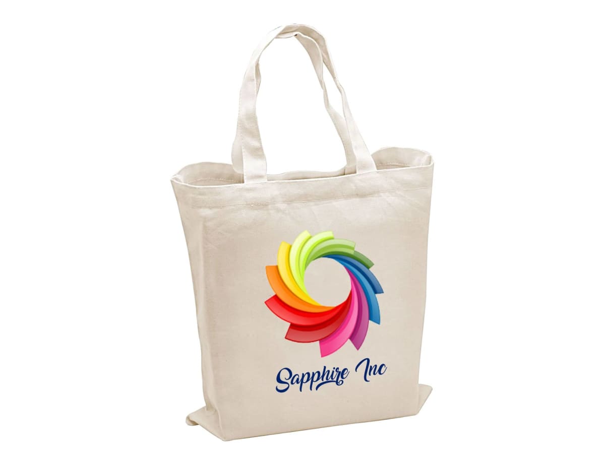 A white tote bag with a colorful, swirling logo and the text Sapphire Inc printed below it.