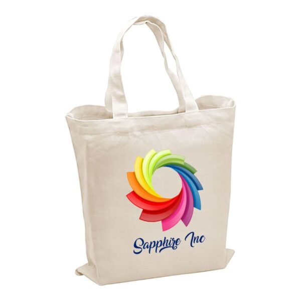 A white tote bag featuring a colorful swirl design in rainbow hues, with text below reading Sapphire Inc.