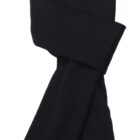 A folded black scarf with a small rectangular logo tag on one end, displayed against a white background.