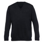 A simple black V-neck sweater with long sleeves, made of a soft, textured fabric.