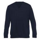 A plain, dark blue V-neck sweater with long sleeves.