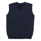 A sleeveless black sweater with a V-neck is displayed against a white background. The sweater has a simple, solid color design, suitable for layering or wearing on its own.