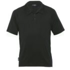 A black polo shirt with short sleeves and a collar, featuring a three-button placket on the front. The fabric appears smooth and slightly shiny, with a small logo tag visible at the hem. The background is plain white.