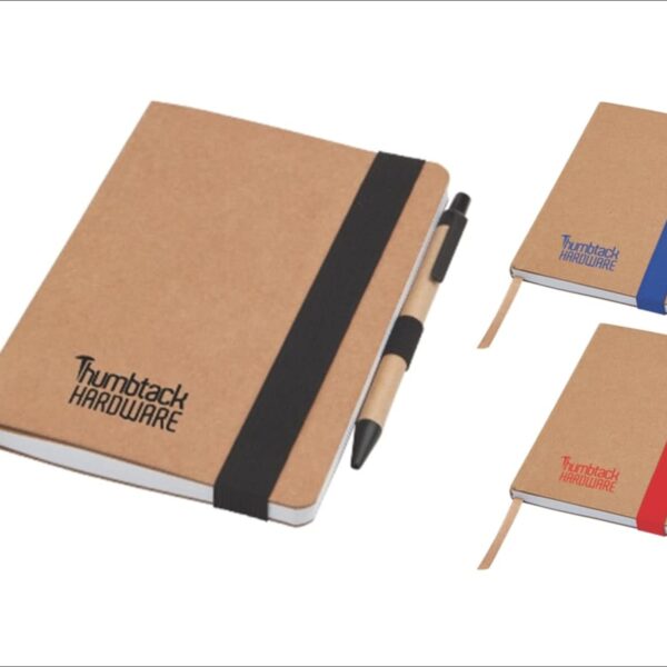 Three notebooks with pens attached. The larger notebook has a black band and pen, and Thumbtack Hardware on the cover. Two smaller notebooks, one with a blue band and the other with a red band, also have matching pens.
