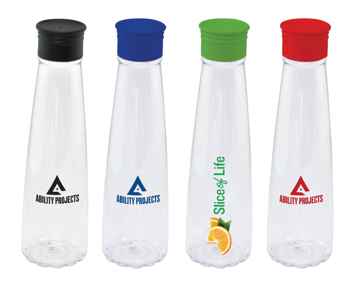 Four transparent bottles with black, blue, green, and red caps are shown. The two on the left have Ability Projects logos, the green one says Slice of Life with an orange slice graphic, and the rightmost bottle also has the Ability Projects logo.