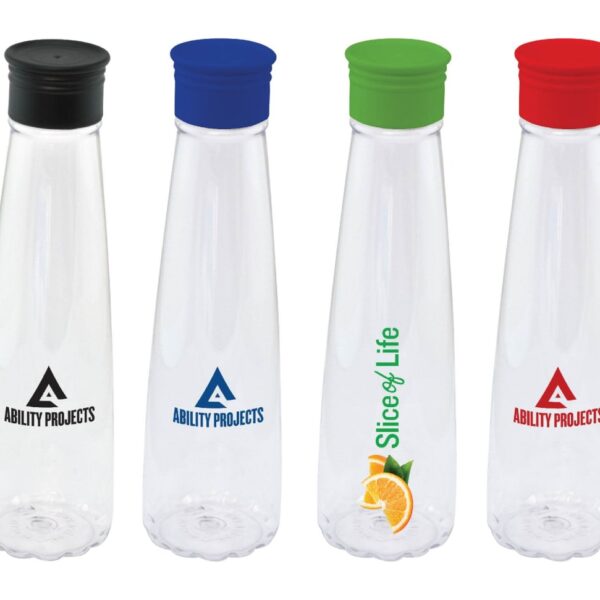 Four transparent water bottles with colored lids: black, blue, green, and red. The bottles feature logos: Ability Projects on the black and blue lids, Slice of Life with an orange graphic on the green lid, and Ability Projects on the red lid.
