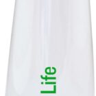 A clear reusable bottle with a green lid, featuring an orange slice design and the text Slice of Life written vertically in green.