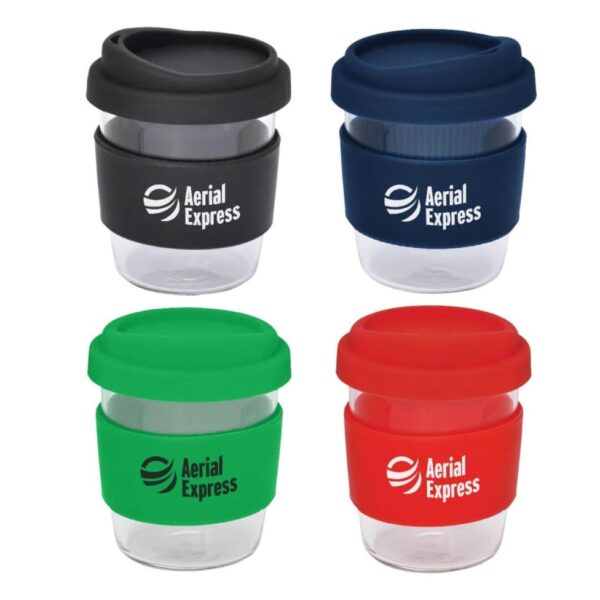 Four reusable glass cups with silicone bands and lids in black, navy blue, green, and red colors. Each band is printed with the Aerial Express logo. The cups are arranged in a square formation on a white background.