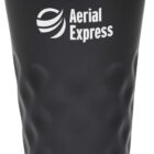 A black insulated travel mug with a textured surface and a lid, featuring the Aerial Express logo in white.
