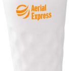 A white travel mug with a textured surface and a black lid. The logo reads Aerial Express in orange, accompanied by an orange swirl design.