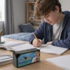 A teen studies at a desk with a Full Colour Printed Bluetooth Speaker nearby.
