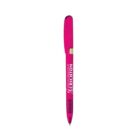 Pink ballpoint pen with a cap and white text.