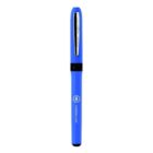 Blue pen with black accents and a silver clip, featuring a website URL on its barrel.
