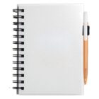 A closed spiral notebook with a blank white cover and a black spiral binding is shown with a pen attached to the right side. The pen has an orange body and white accents.