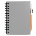 A gray spiral-bound notebook with a tan pen attached to its side. The notebook cover is plain, without any visible text or designs.