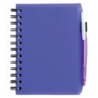 A blue spiral-bound notebook with a pen attached to its side. The notebook cover is made of a durable plastic material, and the pen is tucked into an elastic loop.