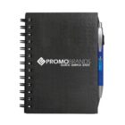 Black spiral notebook with a gray PROMOBRANDS logo and text QUICK. SIMPLE. EASY. on the cover. A blue and silver pen is attached to the right side. The pen has a logo and text.