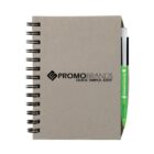A spiral-bound gray notebook with the PROMOBRANDS logo and the words Quick. Simple. Easy. printed in black. A green pen with white accents and the Smart Growth logo is placed in the notebooks pen holder.