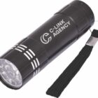 A small black flashlight with a wrist strap. It has LED lights at the front and the text C-LINK AGENCY printed on the side.