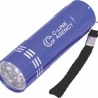 A blue flashlight with multiple LED bulbs and a black wrist strap attached. The flashlight is branded with the text C-Link Agency in white letters on the side.