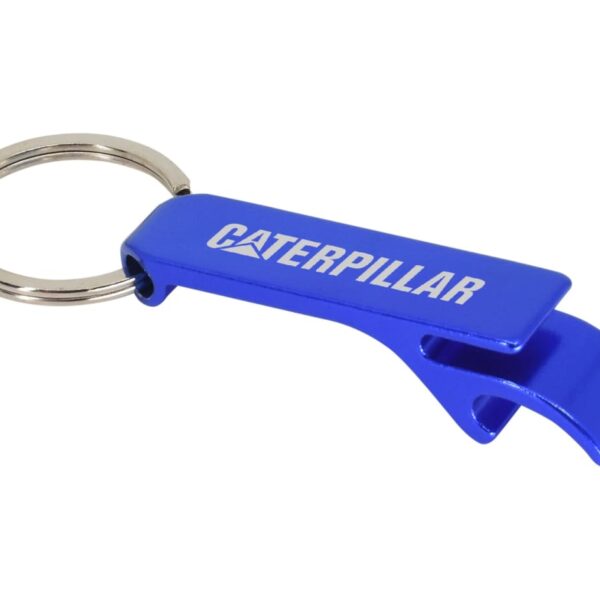 A blue keychain bottle opener with Caterpillar printed on it in white, attached to a silver keyring.