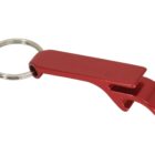 A red bottle opener keychain with a metal ring is shown. The opener has a sleek, curved design and appears metallic.