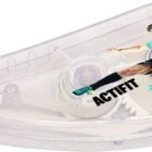 A clear correction tape dispenser features a dynamic image of a soccer player kicking a ball, with the word ACTIFIT printed in bold black letters.
