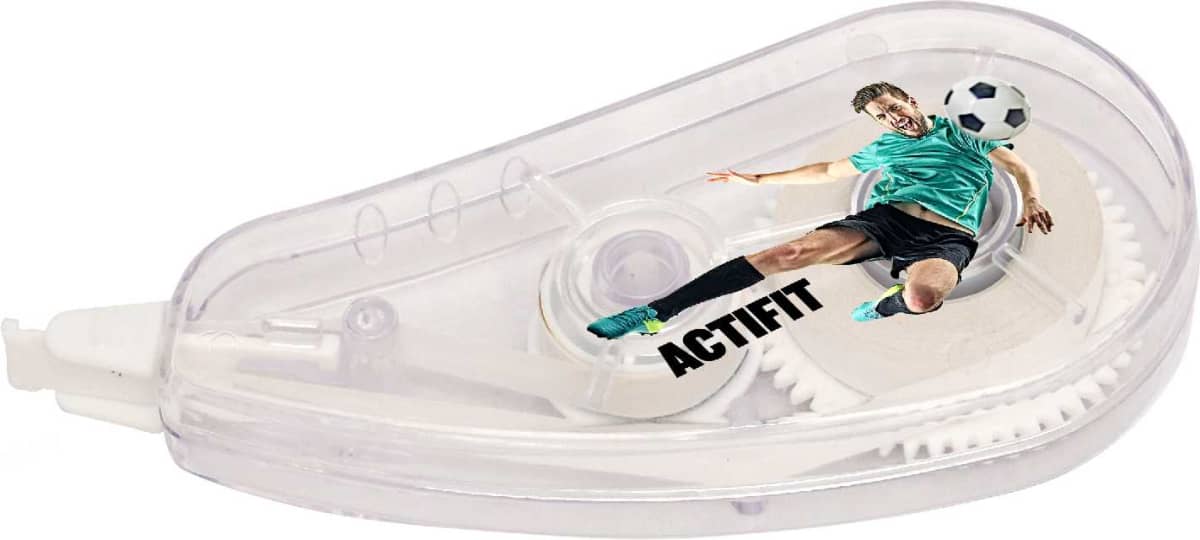A clear correction tape dispenser features a dynamic image of a soccer player kicking a ball, with the word ACTIFIT printed in bold black letters.