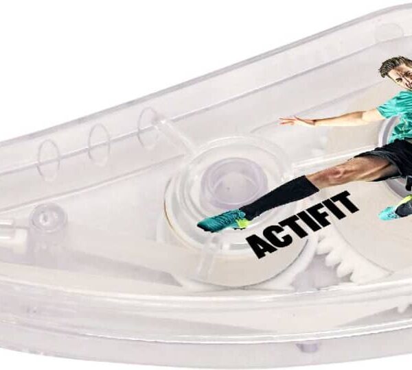 A clear tape dispenser features an image of a soccer player mid-kick with the word ACTIFIT on it. The dispenser reveals the inner gears and tape roll.