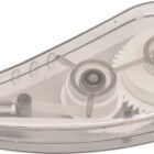 A transparent correction tape dispenser showing internal gears and mechanisms. The design is streamlined with a white roller and a semi-clear casing, allowing visibility of the tape and workings inside.