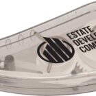 A transparent correction tape dispenser with an Estate Development Company logo on the top. Visible internal gears and a white applicator tip are shown within the clear plastic casing.