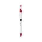 A white ballpoint pen with red accents on the clip, tip, and clicker. The pen is printed with a black sunburst design and the text Red Rover in black along the side.