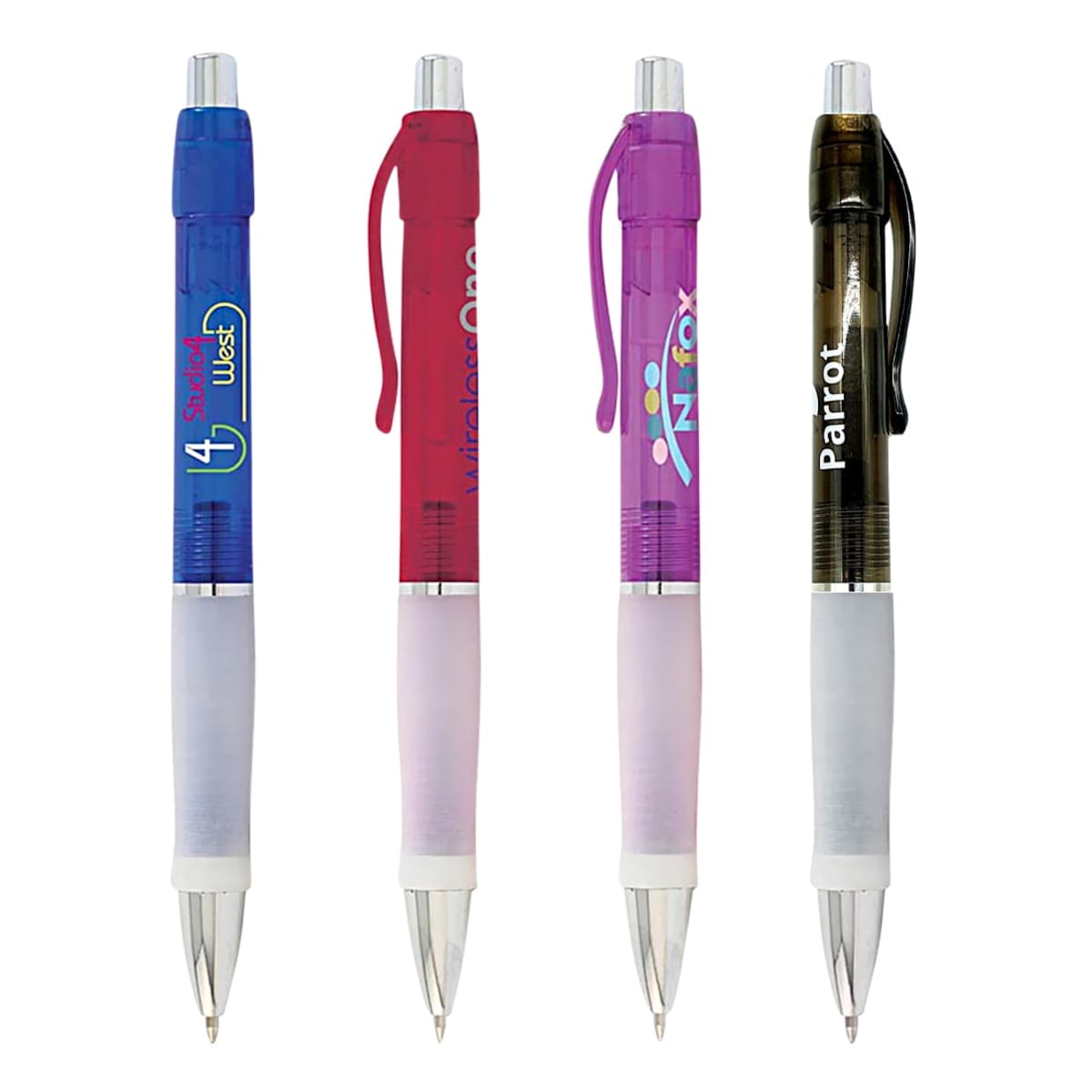 Four retractable ballpoint pens are arranged vertically. Each pen has a translucent barrel in blue, red, purple, and brown, with colorful logos printed on them. The grips are white, and the clips match the barrel colors.